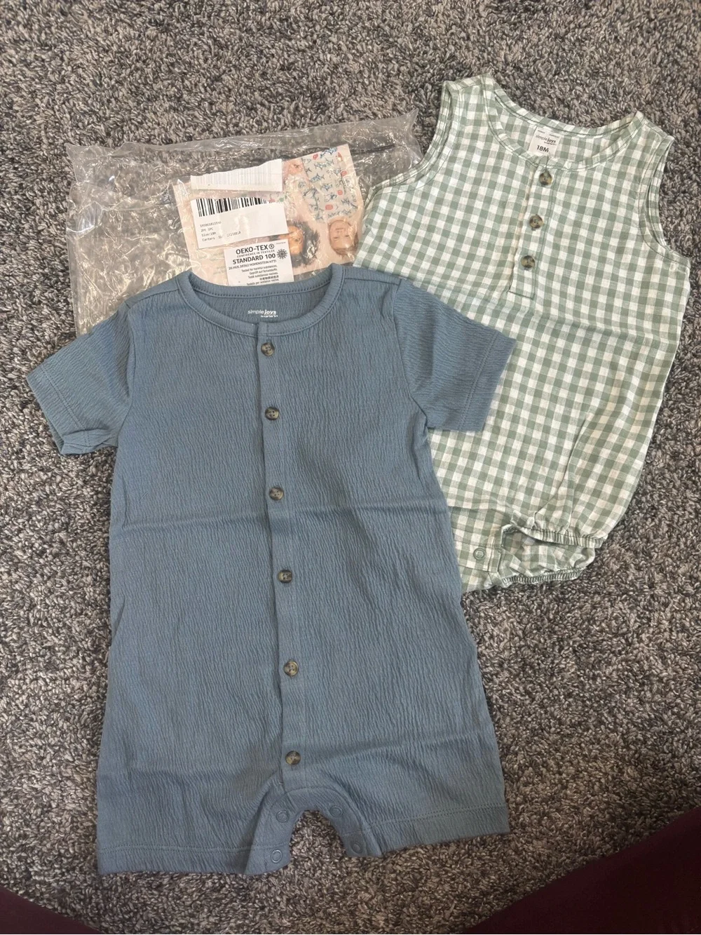 Carter's Blue Button-Front Romper & Green Gingham Sleeveless Bodysuit 12 month